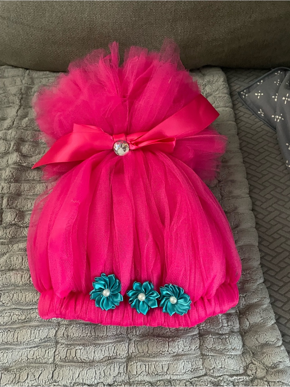 Kids Hot Pink Tulle Pom Beanie with Teal Flower Accents (Trolls)
